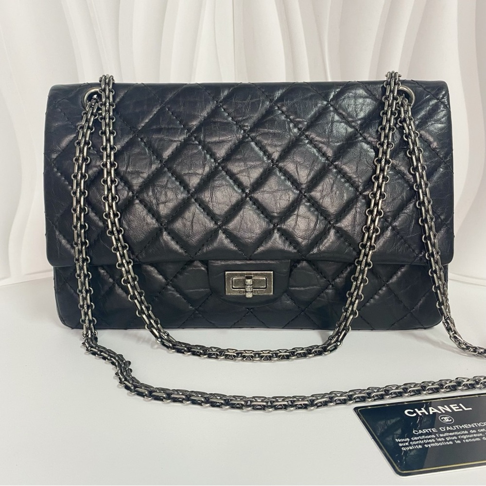 USED Chanel 2.55 reissue in black and silver hardware quilted aged calfskin